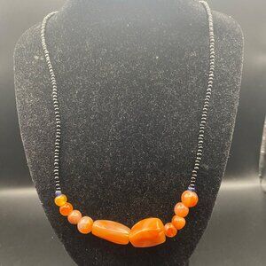 Vintage Carnelian Black Glass Beaded Necklace Orange Agate Stones Boho Unisex 21